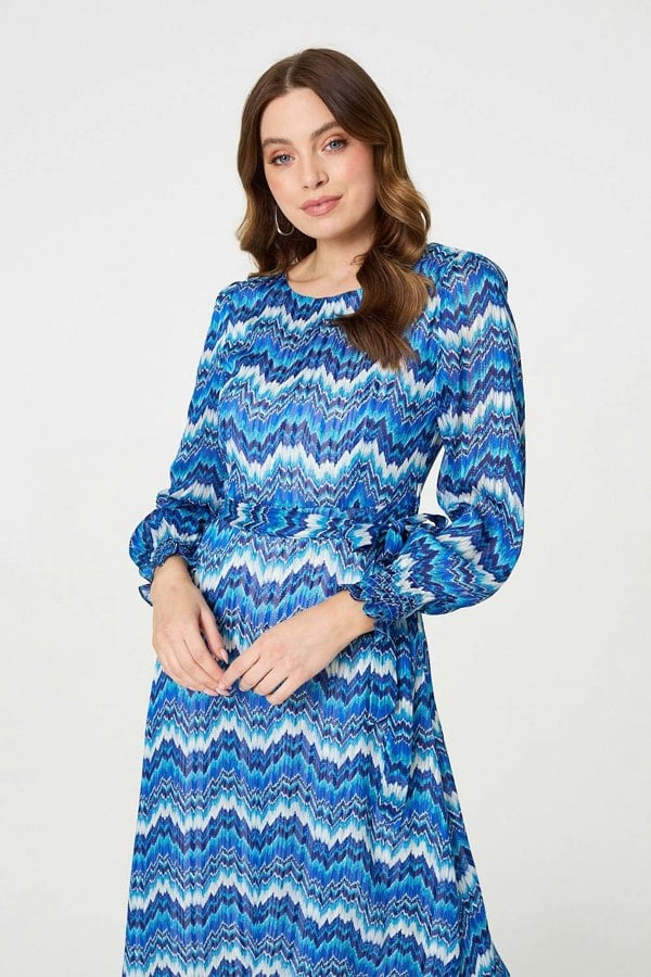 Navy | Printed Long Sleeve Tie Waist Dress

