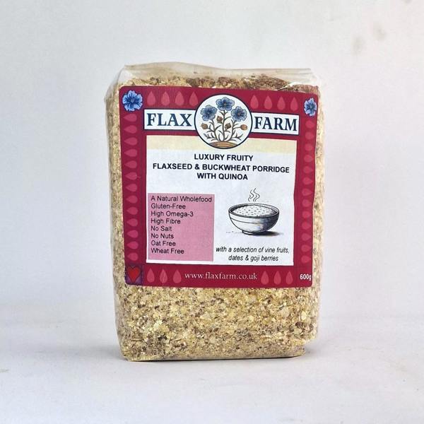 Fruity, flax, quinoa and buckwheat gluten-free, oat-free porridge in a cellophane bags with Pink and orange label.