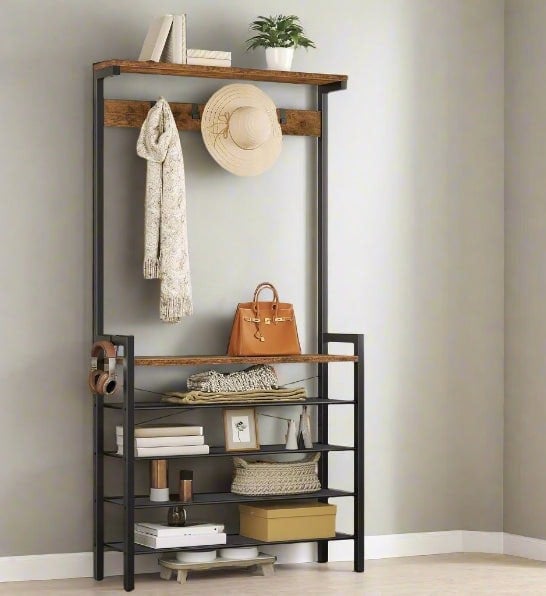 Tall industrial entryway coat rack and shoe storage stand with rustic brown shelves and black frame

