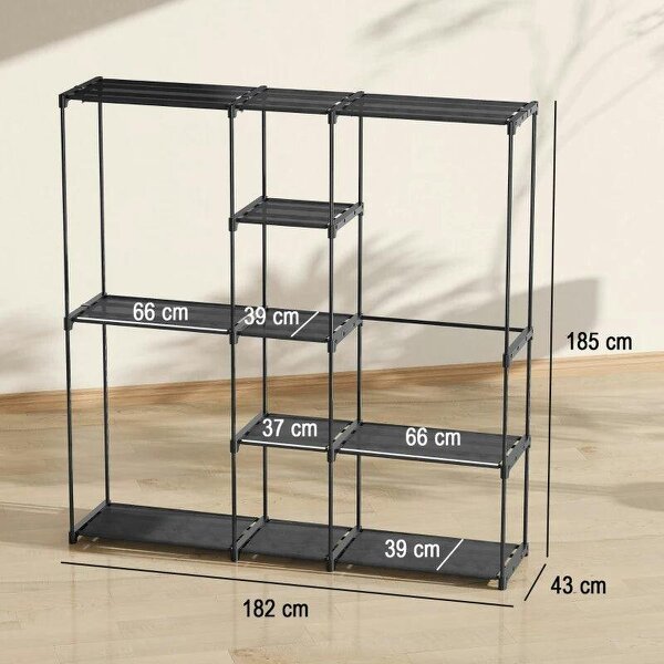 Portable Wardrobe, Open Clothes Wardrobe with 8 Shelves, 3 Hanging Rails, Black