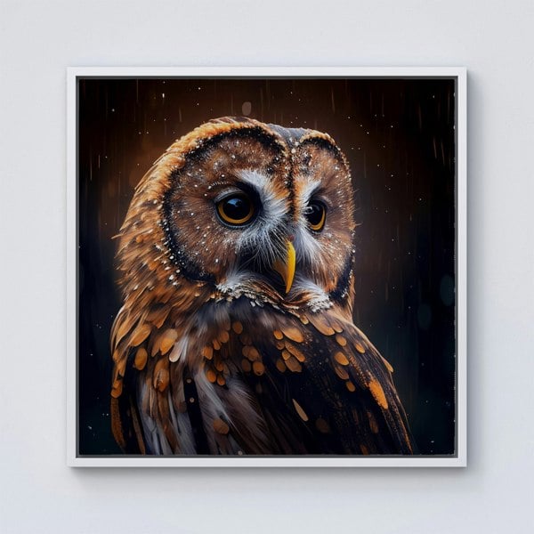 Warren Reed Tawny Owl Face Splash Art Dark Background Framed Canvas