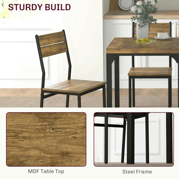 Rustic brown dining table and chair set with sturdy steel frame
