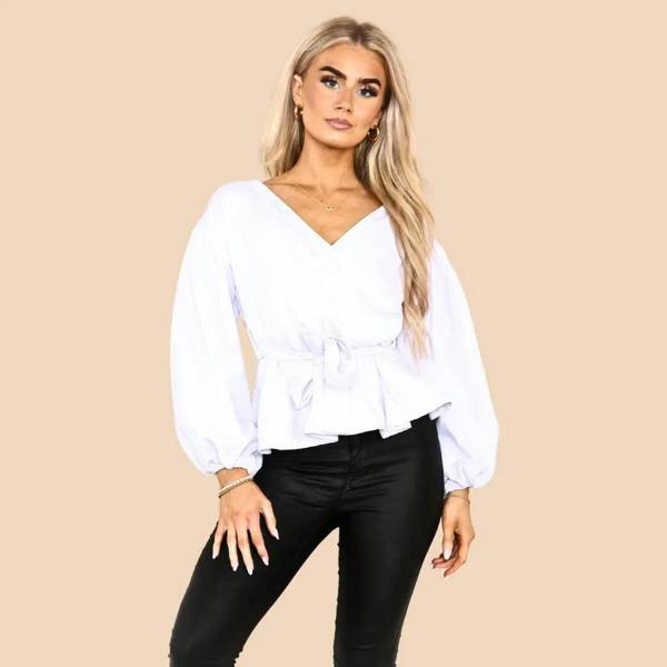 Elaina Fashion Women's White V Neck Long Balloon Sleeve Top 