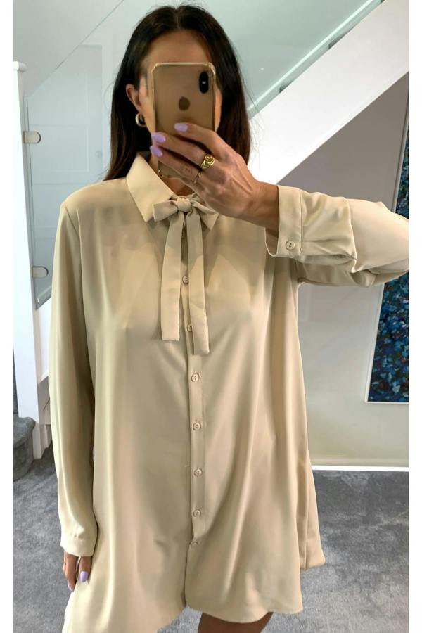 Hoxton Gal Oversized Tie Detailed Shirt Tunic with Long Sleeves in Beige