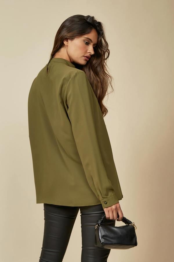 Hoxton Gal Oversized High Neck Top with Brooch Details in Khaki