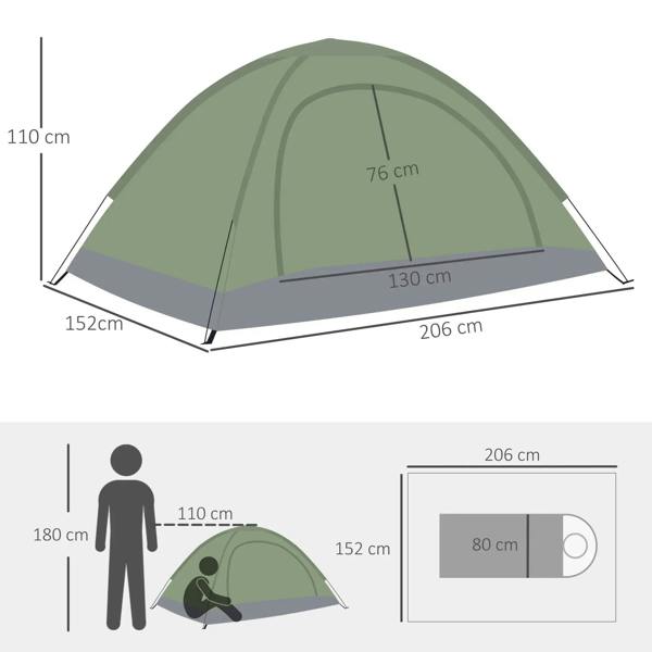 2-person dome camping tent with front entry and measured dimensions on front view