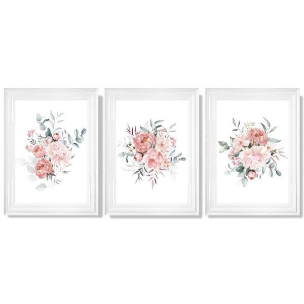 Pink Peonies Watercolour Floral Set of 3 Framed Art Prints with Glossy White Frames