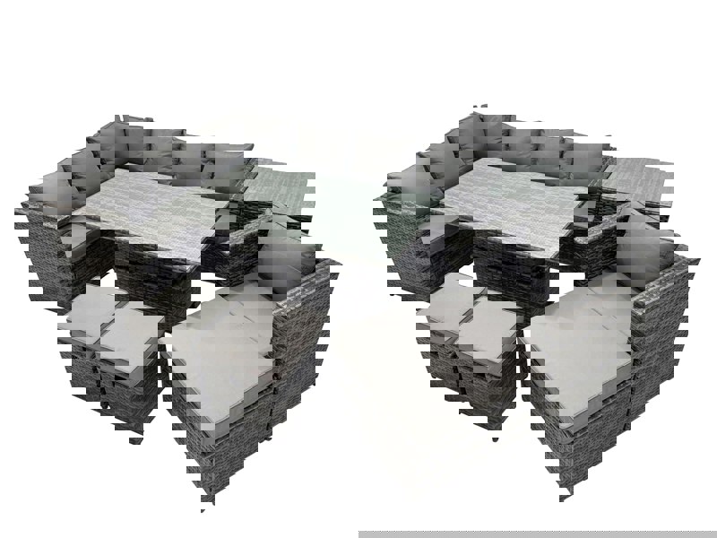 Fimous 10 seater Height Adjustable Rising Lifting Table Corner Sofa Set Rattan Garden Furniture Dining Set with 3 Stool Side Table Dark Grey Mixed