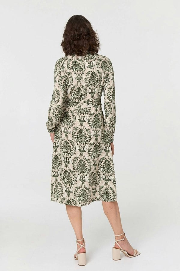 Green | Baroque Print Tie Waist Midi Shirt Dress
