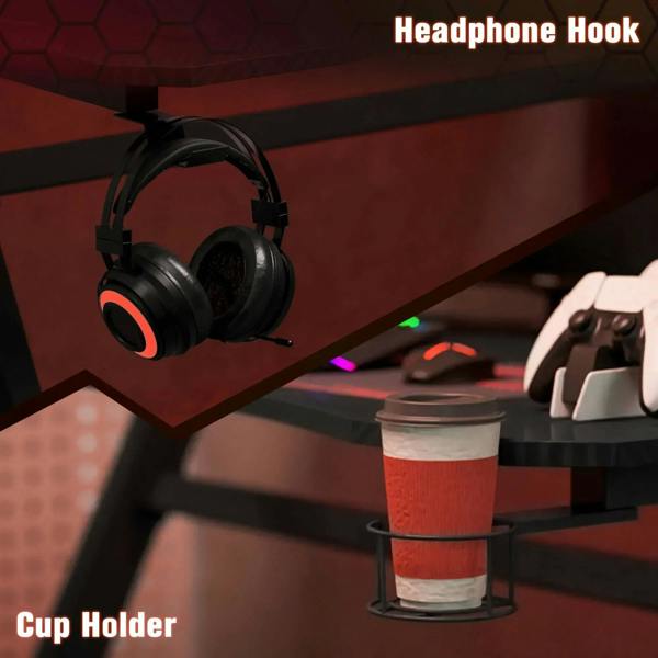 Black gaming desk corner with headphone hook and built-in cup holder