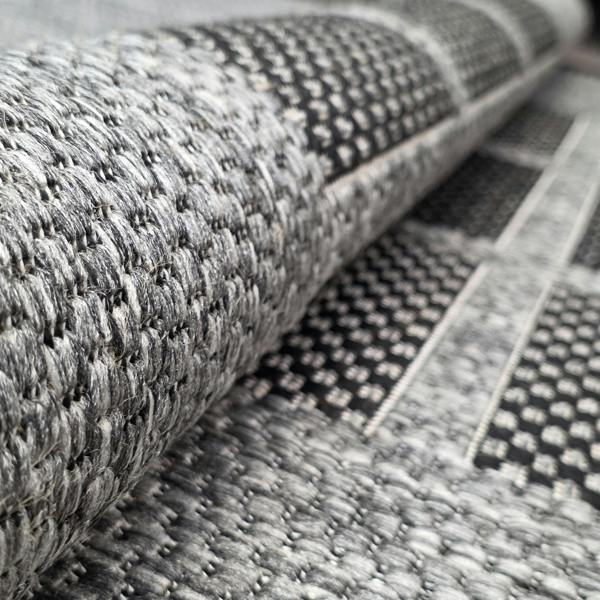 Non-Slip Grey Black Rug Geometric Border Design Flat Weave Kitchen Dining Room Living Room Area Mat