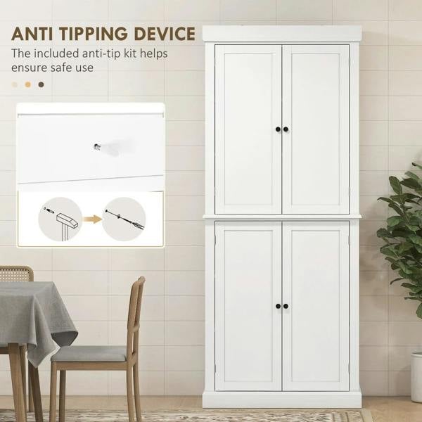 White freestanding cabinet with four doors and visible anti-tip bracket hardware