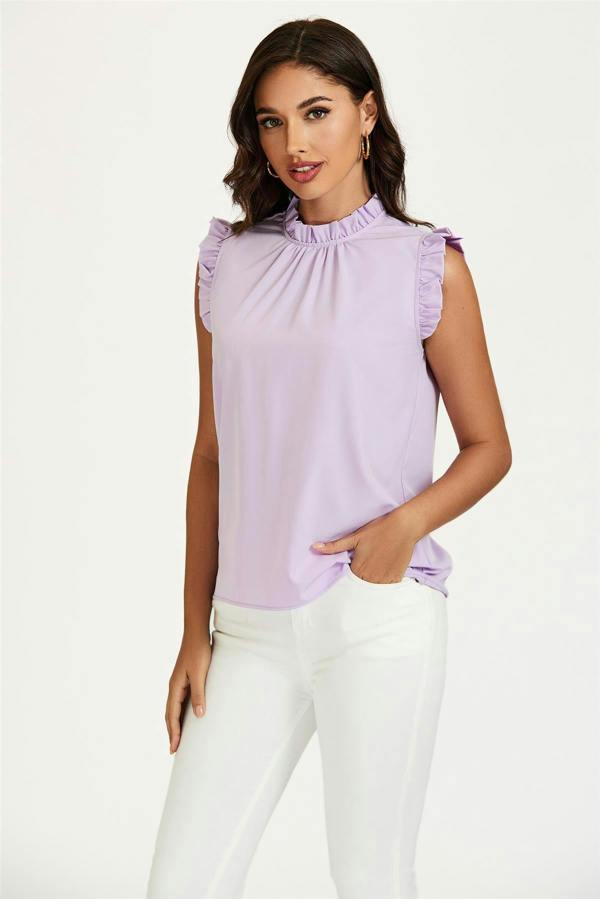 FS Collection Frill Trim Sleeve Frill Neck Blouse Top In Light Purple