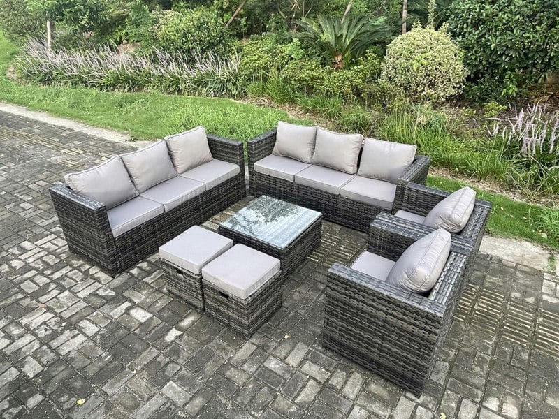 Fimous 10-Seater Dark Grey Rattan Outdoor Sofa Set | 2 Armchairs, Square Coffee Table, 2 Footstools, Side Table
