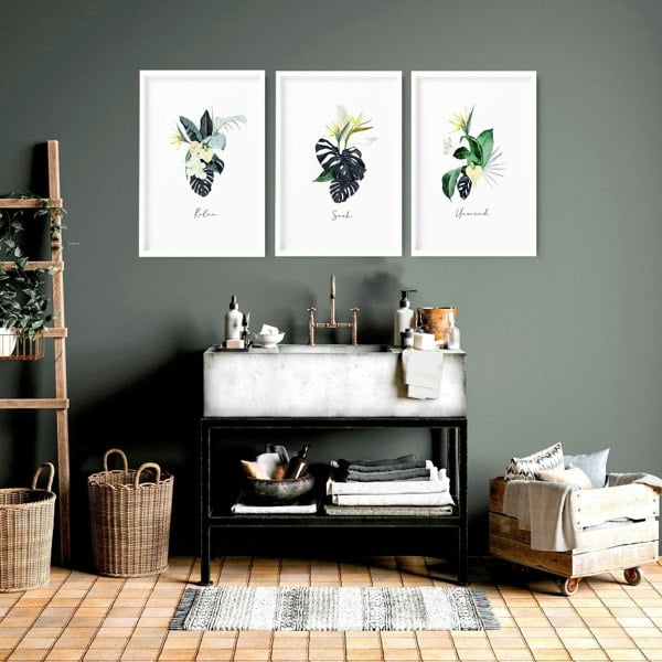 Decoration for bathroom walls | Set of 3 Tropical wall art