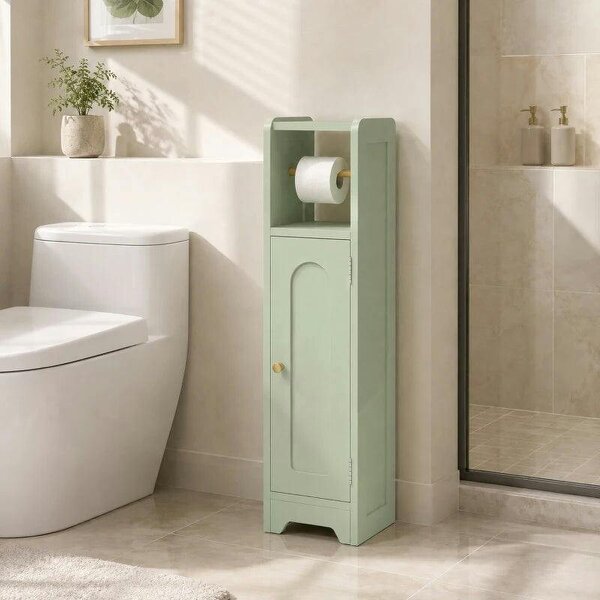 Small Bathroom Storage Cabinet with Toilet Roll Holder - Light Green