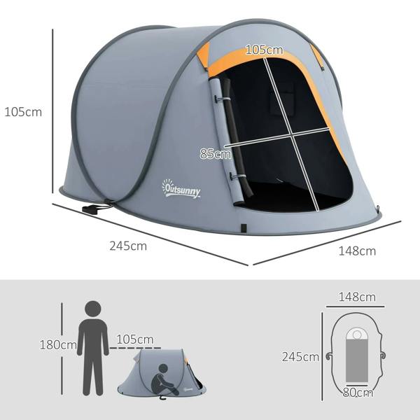Grey pop-up dome tent with orange front panel and included size diagram measurements