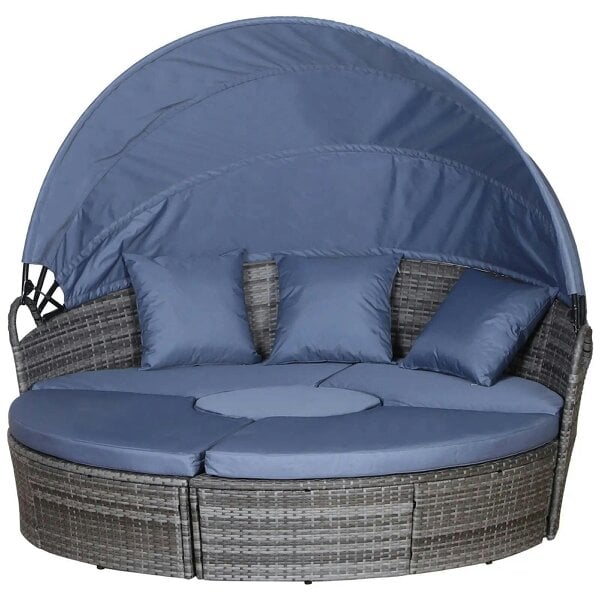 Bobobiy Outdoor PE Rattan Garden Furniture with Cushioned, Patio Wicker Conversation Furniture Set, Coffee Table and Three Pillows, Grey/Blue Grey