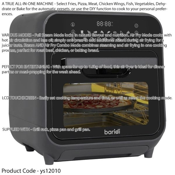 Worktop Steam Air Fryer Oven - 1635W 15L - Black Easy Clean - Dehydrate & Bake - LoopsDirect