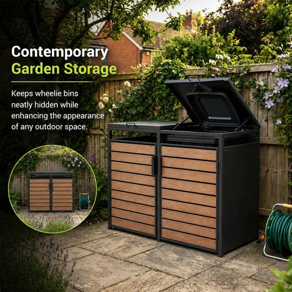 Nicoman Outdoor Metal Garbage Bin Shed with Wood Effect Doors