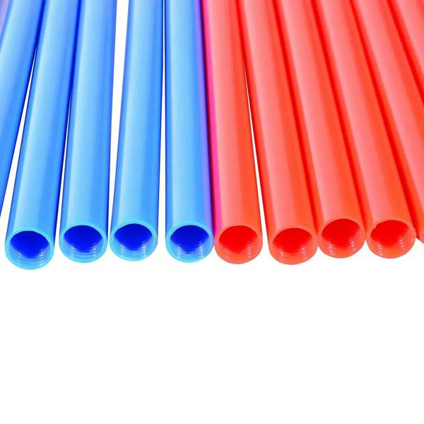 Blue and red agility pole ends with rounded tubes for dog training setup