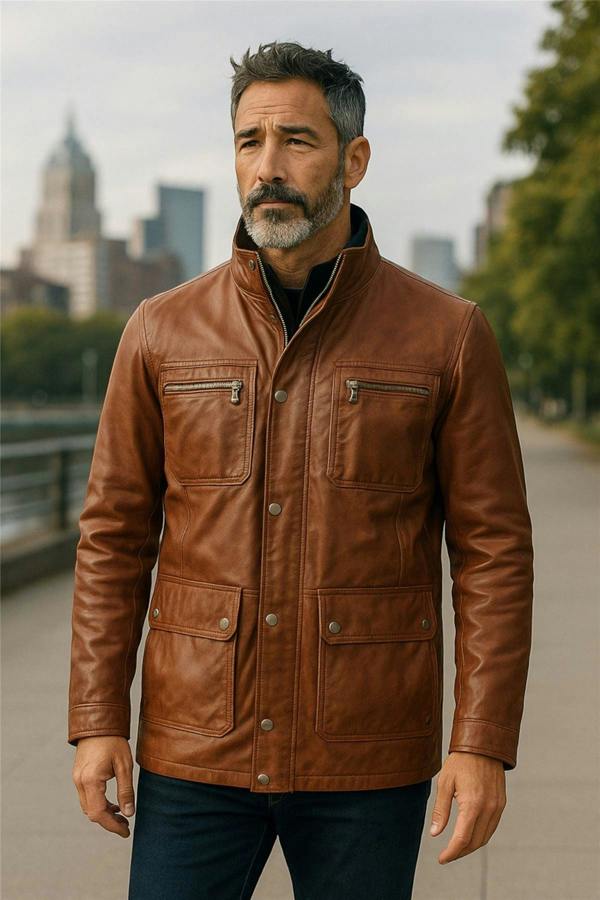 Infinity Leather Men’s Leather Military Jacket Outwear Trenchcoat - Field