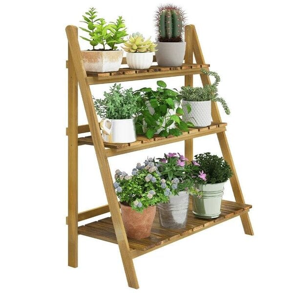 Bobobiy Wooden Folding Flower Pot Stand 3 Tier Garden Planter Display Ladder Gardener Storage Shelves Rack Herb Holder (80L x 37W x 93H cm)