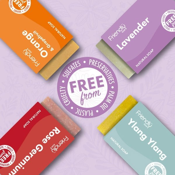 Floral and fruity soap selection four bars and text, free from sulfates, preservatives, plastic, cruelty, palm oil