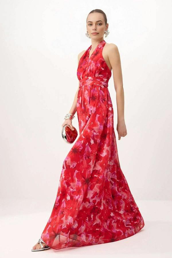 WOVCOR A-Line Floral Pattern V-Neck Woven Long Dress