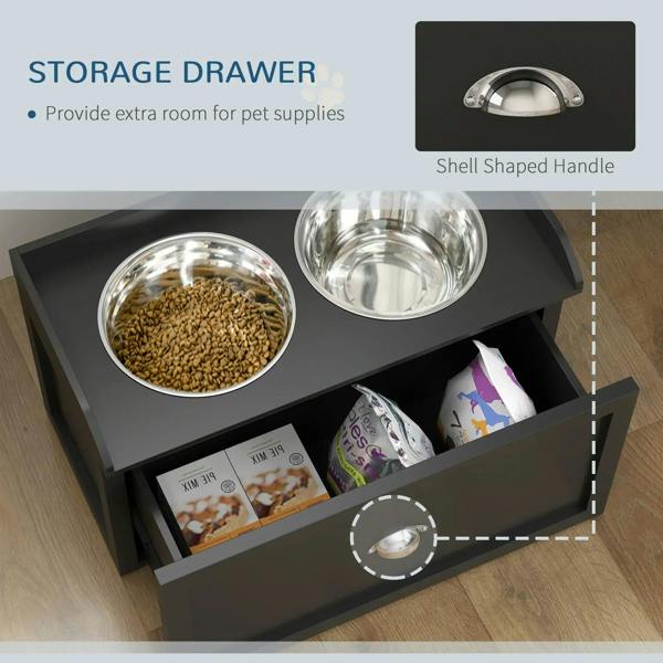 Black storage drawer pet feeding station with two stainless steel bowls and compartments
