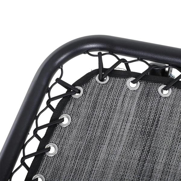 Light grey lounge chair seat with dark tube frame and bungee cord webbing