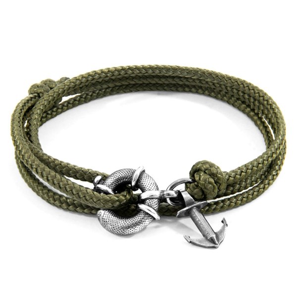 Anchor & Crew Khaki Green Clyde Anchor Silver and Rope Bracelet 