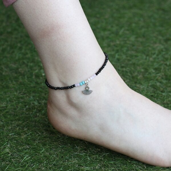 The Colourful Aura Black beaded turquoise fan charm dangle slim anklet