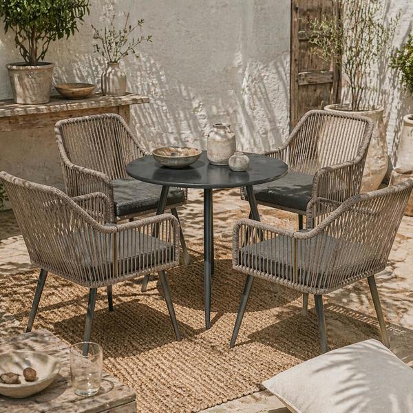 Wyld Haus Sudore Rele Rattan Light Brown 4 Seater Outdoor Dining Set With Cushions And Round Glass Table