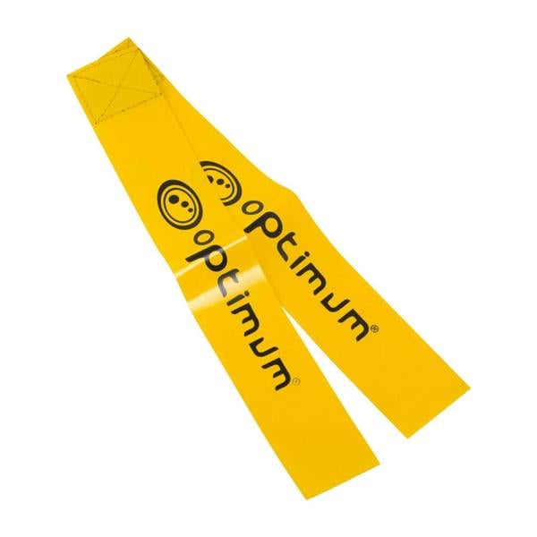 Close-up of two yellow Optimum tag rugby flags with black logo print, on white background