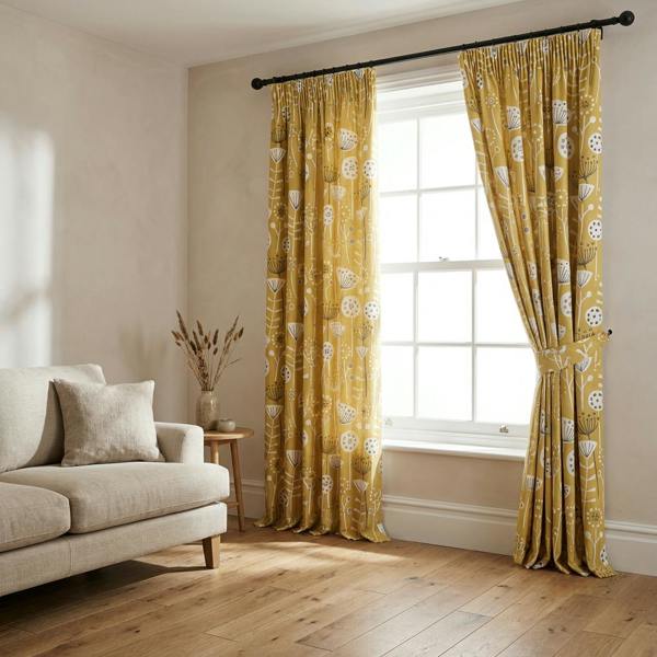 Bergen made-to-measure curtains in Ochre, styled in a living room