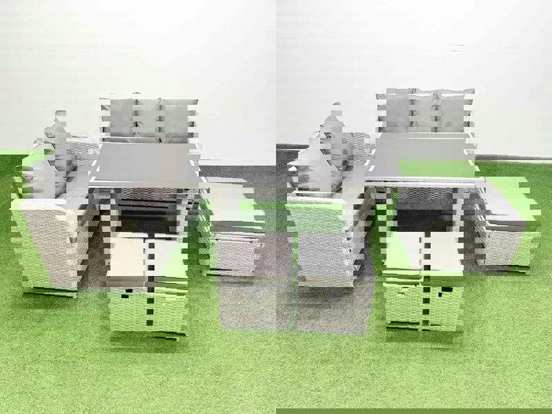 Fimous Garden Furniture Set PE Ratten Garden Sofa Set with Rectangular Dining Table 3 Stool Light Grey