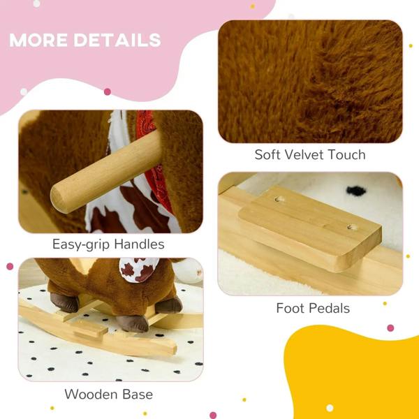 Brown plush rocking horse with wooden base, easy-grip handles, and foot pedals
