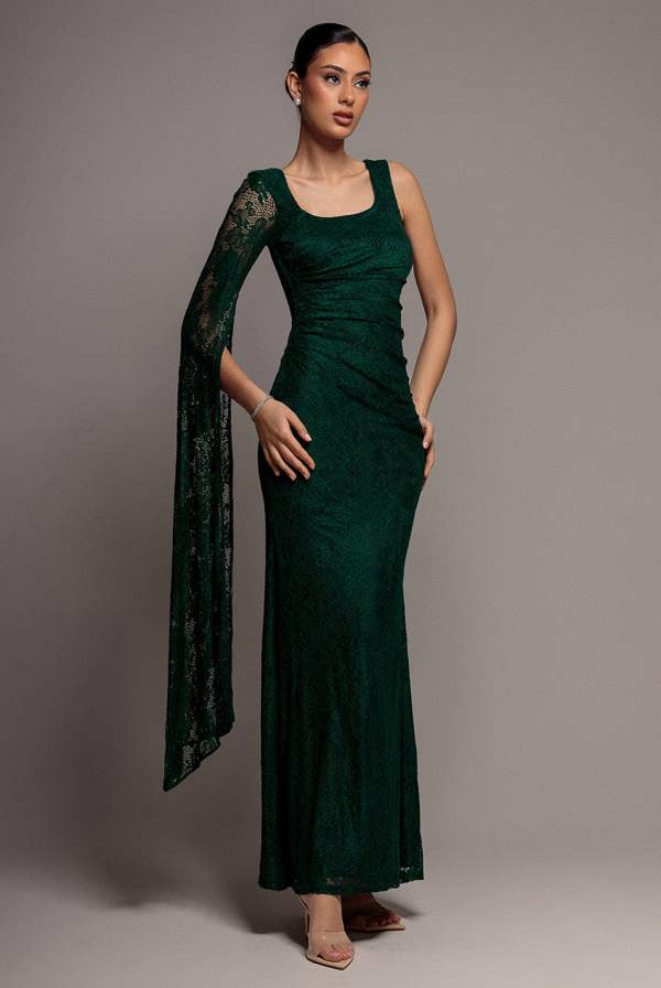 One Shoulder Cape Sleeve Pleated Lace Maxi Dress - Emerald Green DR5065