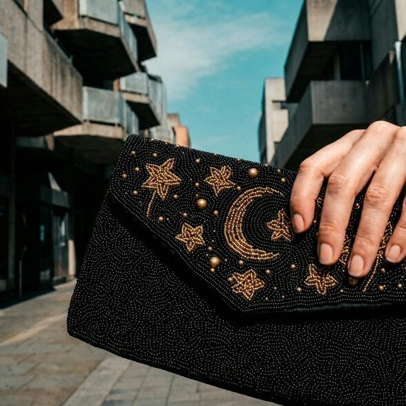 Gold Trip Moon & Stars Beaded Clutch Bag