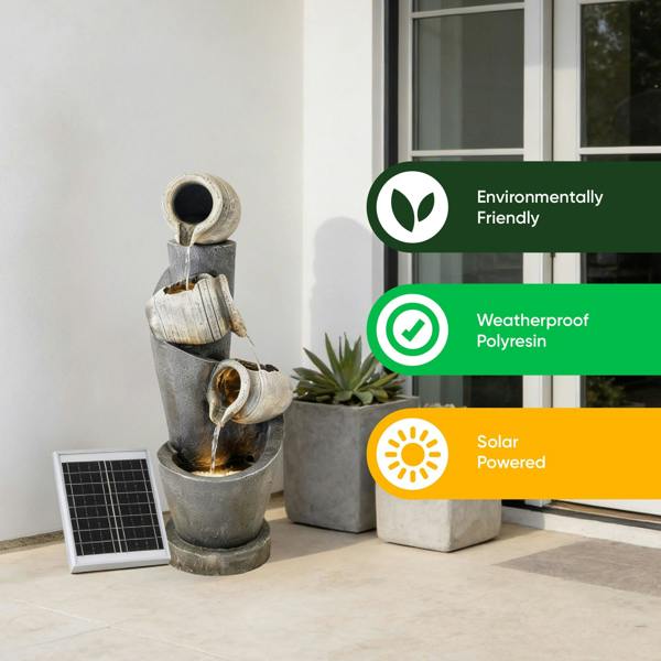Gardenwize Solar Water Feature – 3 Tier Cascading Jar Fountain with LED Lights & Battery Backup