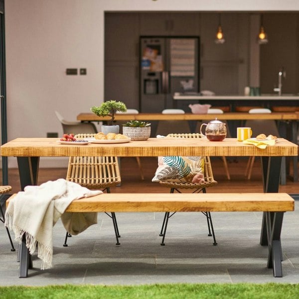 Rugger Brown Chunky Rustic Wood Outdoor Dining Table and Bench