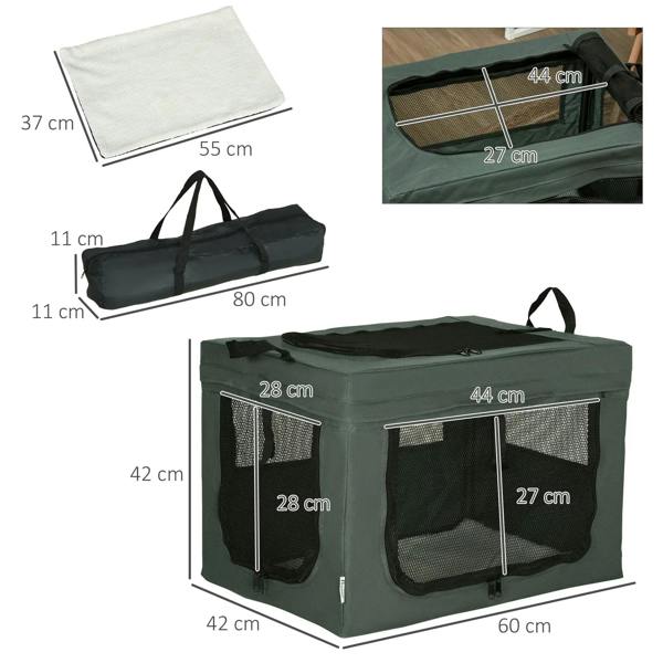 Grey pet carrier parts with grey cushion mat and carry bag, with size labels