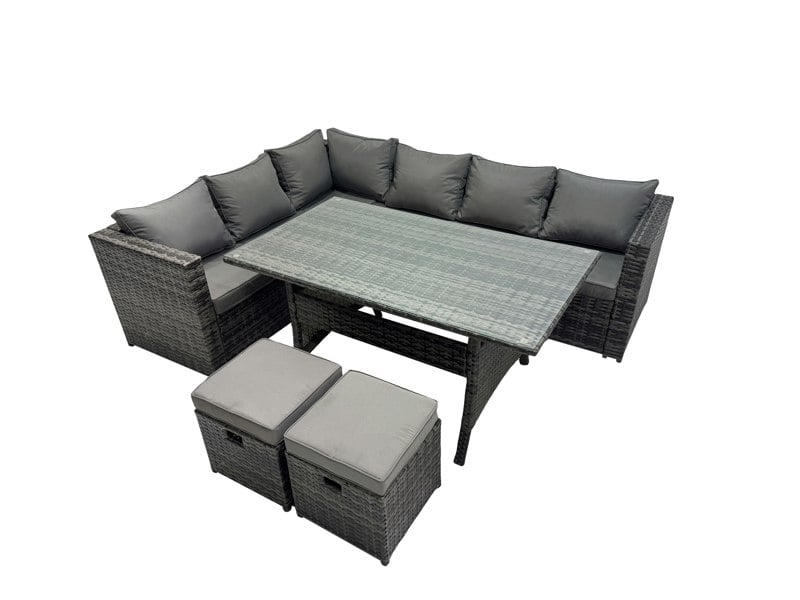Fimous Outdoor PE Rattan Sofa Set with Dining Table Patio Garden Furniture Sets with 2 Small Stools Dark Grey Mixed