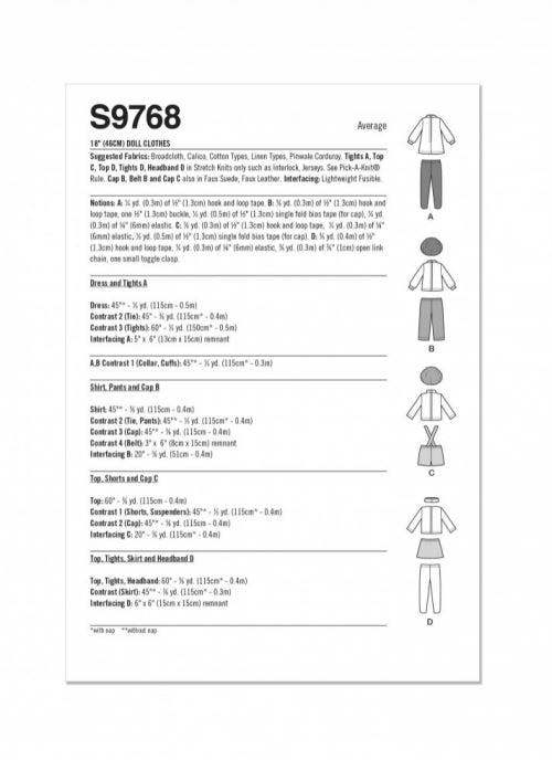 Simplicity Sewing Pattern 9768, Doll Clothes One Size - Intermediate