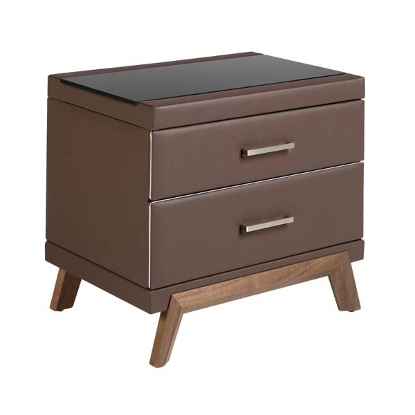 Angel Cerdá Leatherette Bedside Table, Walnut With Black Glass Top 7162