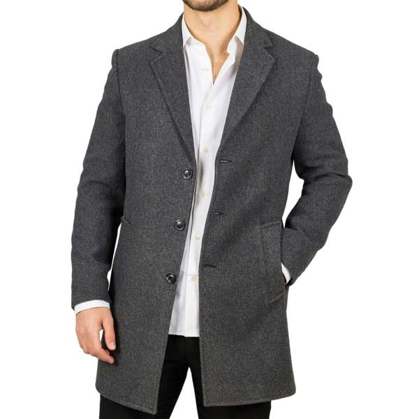 Infinity Leather Men's Notched Lapel Collar Wool Blend Grey Overcoat