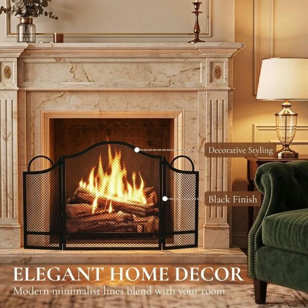3-Panel Folding Fireplace Screen for Hearth Protection, Heat-Resistant Metal Fire Spark Guard, Black
