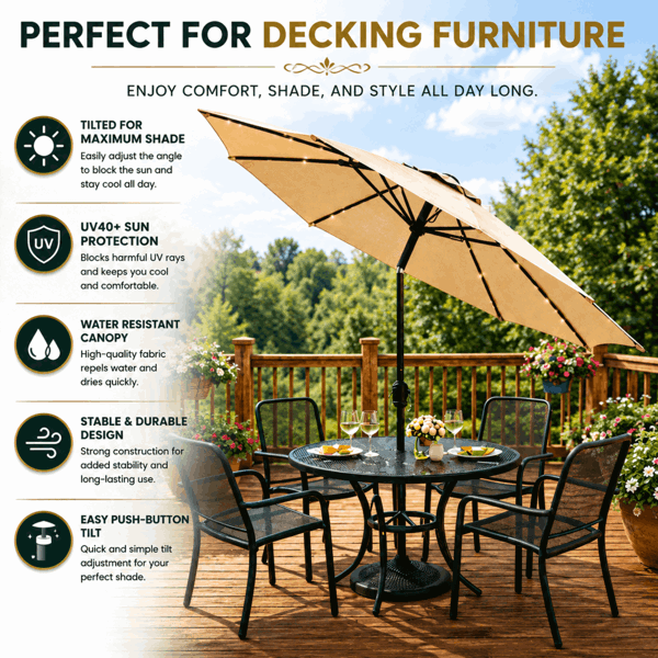 GlamHaus Garden Parasol Solar LED 2.7M ,Tilting Table Umbrella with Crank Handle, Protection UV40, Includes Parasol Cover- Sand