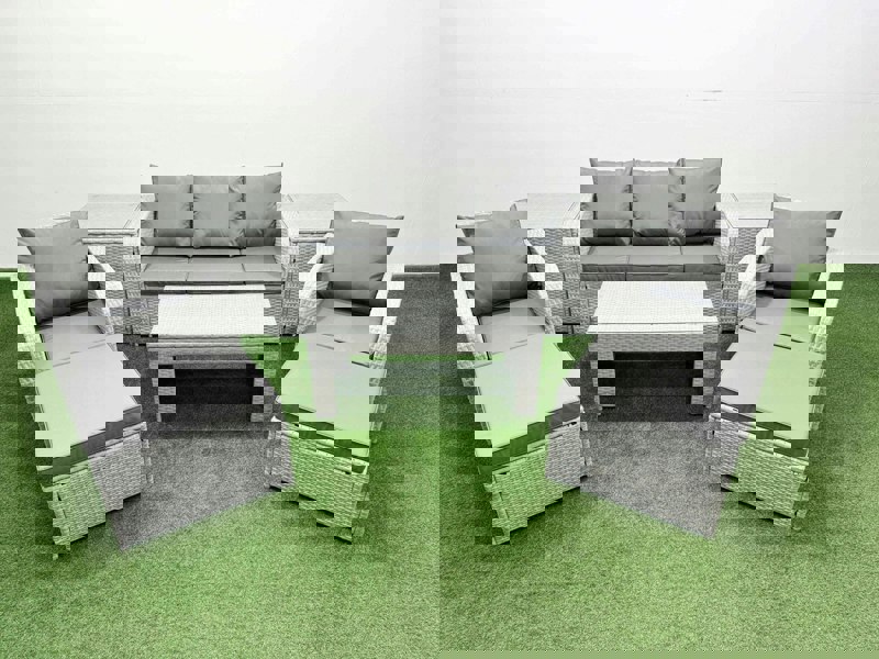 Fimous PE Rattan Garden Furniture Set Reclining Chair Sofa Lounge Sofa Set Rectangular Coffee Table 2 Side Table 2 Big Footstool Light Grey